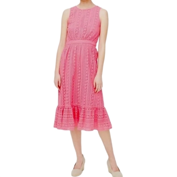 J.Crew Pink Eyelet Midi Dress Size 6 Cotton Sleeveless Tiered Hem NWOT - Picture 4 of 12